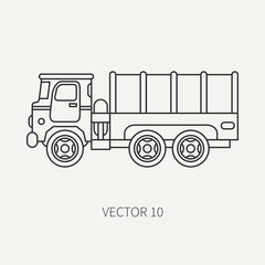 Line flat plain vector icon tarpaulin wagon army truck. Military vehicle. Cartoon vintage style. Cargo and soldiers transportation. Tractor unit. Tow. Simple. Illustration and element for your design.