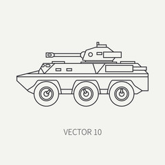 Obraz premium Line flat plain vector icon infantry assault armored army truck. Military vehicle. Cartoon vintage style. Soldiers. Tank corps. Tractor unit. Tow auto. Simple. Illustration and element for your design