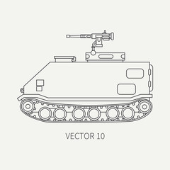 Line flat plain vector icon infantry assault armored army truck. Military amphibious vehicle. Cartoon vintage style. Soldiers. Tractor unit. Tow auto. Simple. Illustration and element for your design.