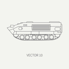 Line flat plain vector icon infantry assault armored army truck. Military amphibious vehicle. Cartoon vintage style. Soldiers. Tractor unit. Tow auto. Simple. Illustration and element for your design.