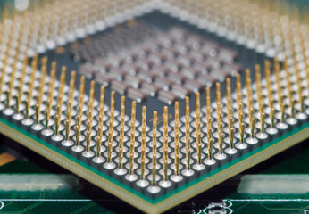 A computer motherboard with half of CPU High technology close up