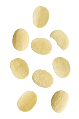 Falling potato chips on white background.