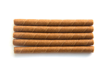 wafer rolls with chocolate isolated on white background.