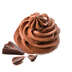Chocolate frozen yogurt with chocolate pieces on white background by clipping path. Whipped cream. Mascarpone. Macro.