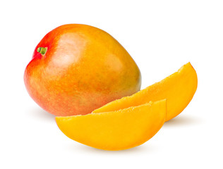 Isolated Slices of mango with mango fruit on white background by clipping path.