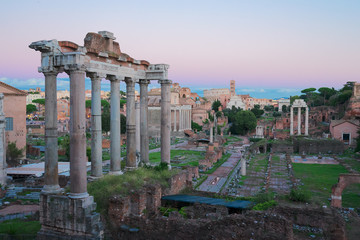 Roman Forum - ancient ruins in Rome at soft twilight, Italy