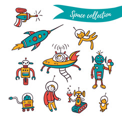 Vector space elements - funny ufo, robots and space rockets . Colorful set isolated on the white background.