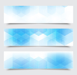 Vector abstract blue horizontal banners with geometric hexagonal background