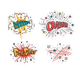 Comic speech bubbles set isolated on the white background, vector illustration. Crash, boom, pow pow - cartoon lettering.