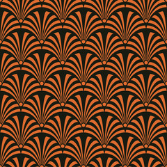 Seamless black and orange luxury art deco peacock textile pattern vector