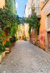 Fototapeta na wymiar view of old town italian narrow street with blue sky in Trastevere, Rome, Italy