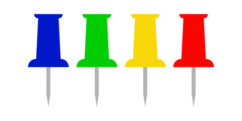 Four push pin icons, green,yellow, red and blue on white background