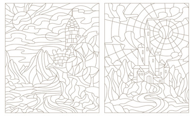 Set contour illustration of stained glass of landscapes with ancient castles