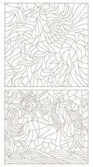 Set contour illustration of stained glass with abstract horses