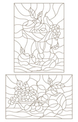 Set contour illustrations of stained glass with fruit, still lifes