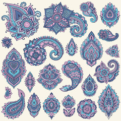 Big vector set of colorful henna floral elements