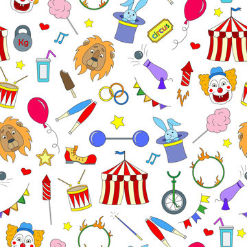 Seamless pattern on the theme of circus, simple color icons on white background