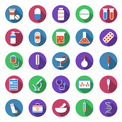 Set of medical icons. Collection of pharmacy and medicine icons on white background. Healthcare icons in flat style. Vector illustration.