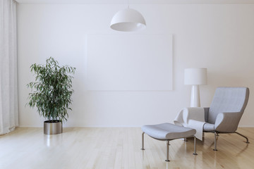 White canvas on the wall in the living room. 3D render.