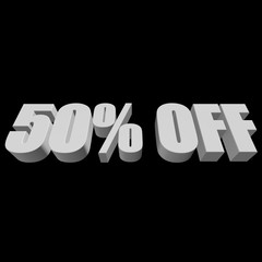50 percent off letters on black background. 3d render isolated.