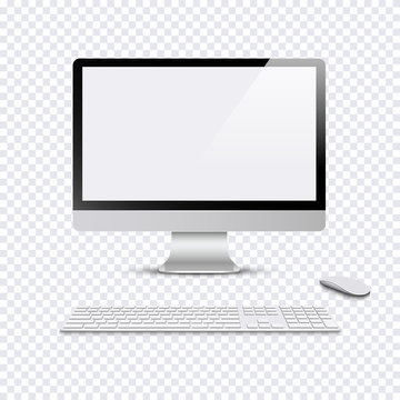 Modern monitor with keyboard and computer mouse on transparent background