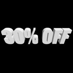 30 percent off letters on black background. 3d render isolated.