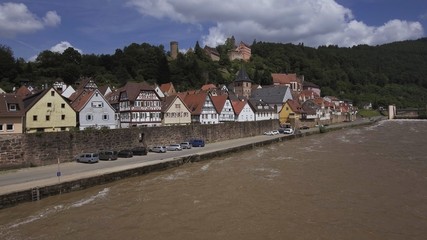 Fototapeta na wymiar Ancient town village of HIRSCHHORN in Hesse district of Germany on banks of Neckar river, Hesse, Germany, Aerial, Mai 2016