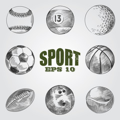 Collection of sporting items sketches isolated on white background. Set of hand drawn balls for soccer or football, basketball, baseball, golf and tennis, bowling and billiards vector illustration. - 139355753