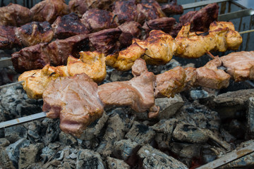 Skewers of pork and chicken on the skewer over glowing coals