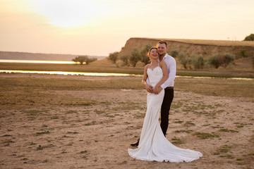 Fototapeta na wymiar Beautiful wedding couple, bride and groom posing in a field