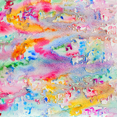 Abstract watercolor all colors of the rainbow background painting with spray, spots, splashes. Hand drawn on paper grain texture. For modern design. Square