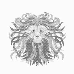 Creative illustration of a lion's head, painted smooth lines, with lush mane, filled with various patterns, design work	