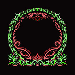 Elegant bright multi-colored round frame, painted lines with swirls on black background