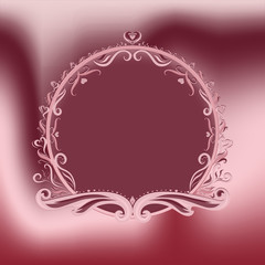 Elegant pink  round frame, painted lines with swirls on a silk background