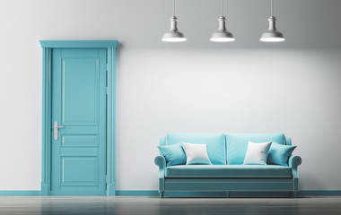 Divano azzurro moderno con porta 