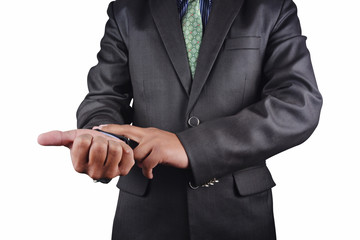 Business man in black suit isolated on white background