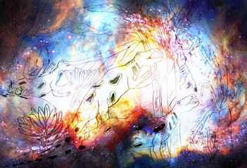 playful group of dinousars eating some prehistoric plantation, linear drawing on space background.