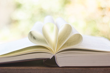two heart from a book page vintage style close up heart shape from paper book with bokeh in soft light in morning (blur background) concept for valentine's day