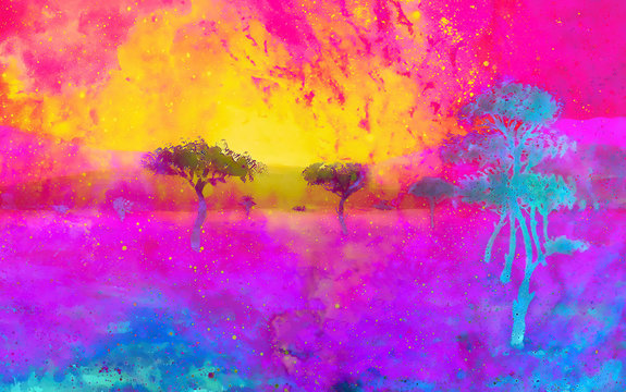 group of trees in vast african landscape, graphic color effect.