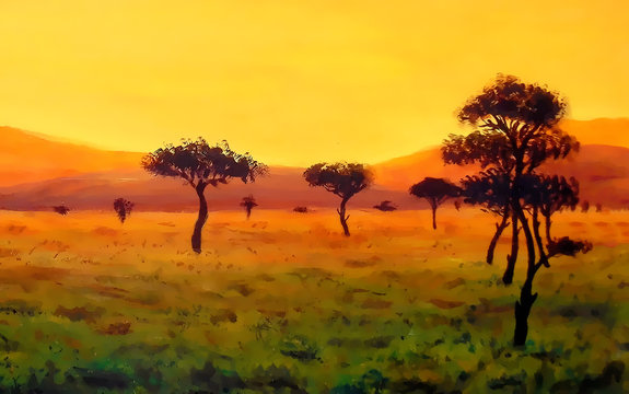 group of trees in vast african landscape, graphic color effect.