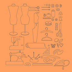 Sewing workshop equipment. Outline tailor shop design elements. Tailoring industry dressmaking tools icons. Fashion designer sew items