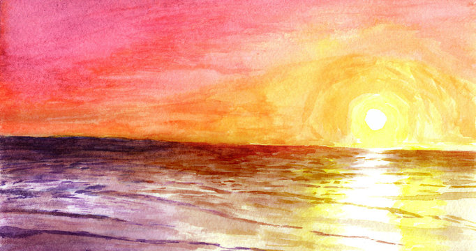 Sunset at the ocean in watercolor.