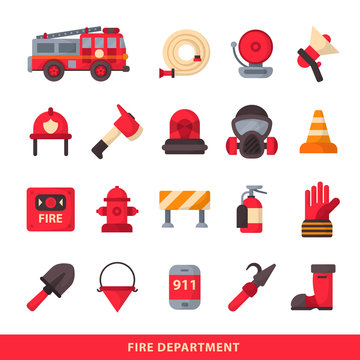 Set of designed firefighter elements coloured fire department emergency icons and water safety danger equipment fireman protection vector illustration.