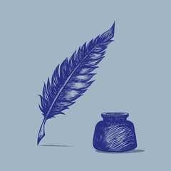 Feather pen and inkwell. Drawing of ancient pen in doodle style. Concept for education.