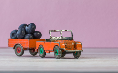 Retro model of car Land Rover laden with blackberries.