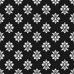 Black and white vector background. Beautiful queen seamless pattern with fleur de lys ornament elements. Royal signs in style of fashion illustration. Excellent textile, fabric, paper design.