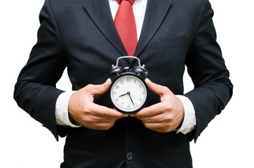 smart businessman holding a retro clock on hands, business and finance concept, isolate on white background.
