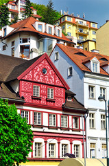View of old colorful buildings in Karlovy Vary, Czech Republic. European city center