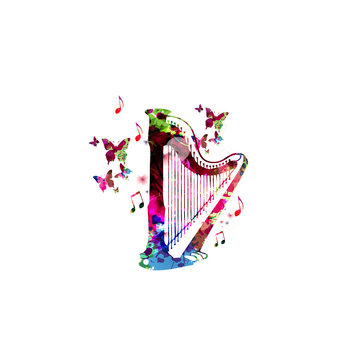 Colorful concert harp with butterflies isolated vector illustration. Music background for poster, brochure, banner, flyer, concert, music festival. Music instrument isolated