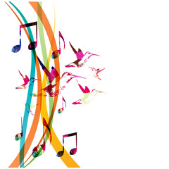 Colorful music notes with hummingbirds isolated vector illustration. Music background for poster, brochure, banner, flyer, concert, music festival